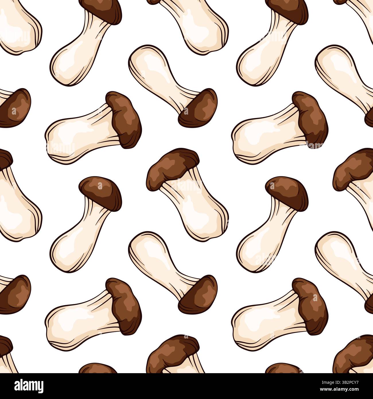 Motivo senza cuciture con funghi King Trumpet Oyster in stile art di linea, cartoni animati. Modello di design per tessuti, carta da parati, stampa. Illustrazione vettoriale su A. Illustrazione Vettoriale