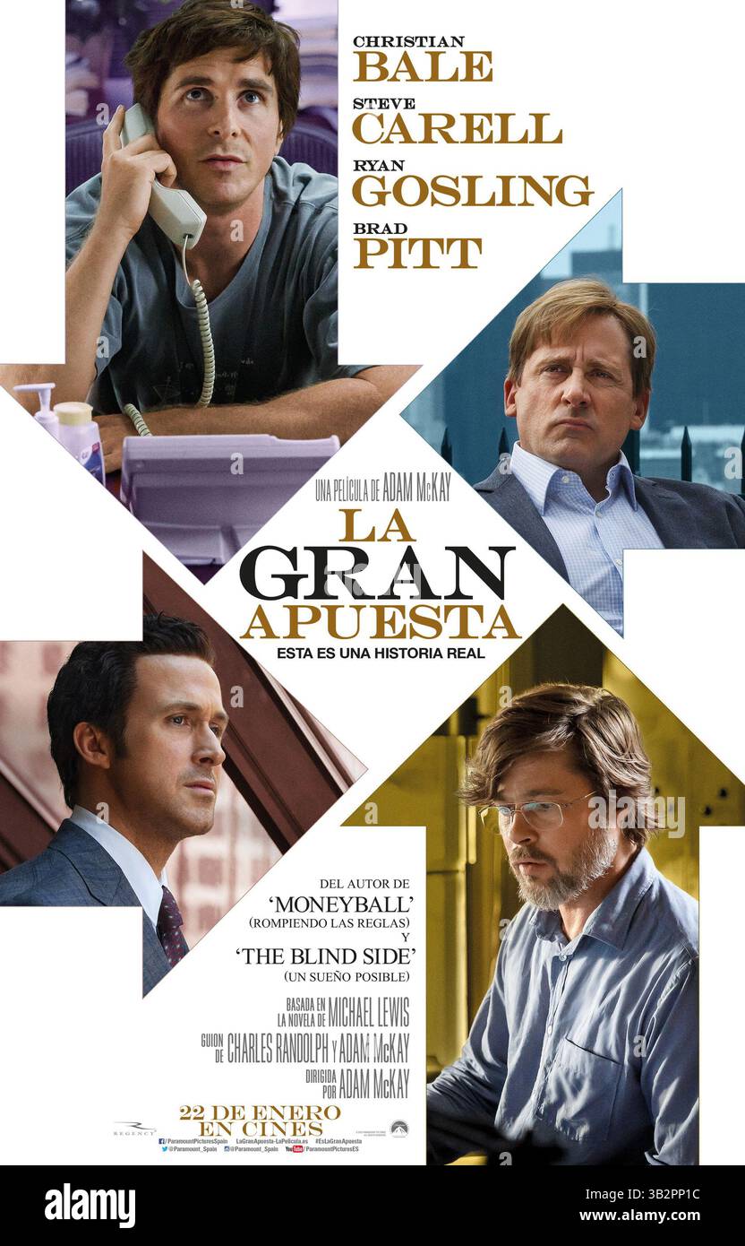 DATA DI USCITA: 23 dicembre 2015TITLE: The Big Short: Inside the Doomsday Machine STUDIO: Paramount Pictures DIRECTOR: Adam McKay TRAMA: Quattro estranei nel mondo dell'alta finanza che preannunciarono il crollo della bolla di credito e immobiliare della metà degli anni '2000 decidono di affrontare le grandi banche per la loro mancanza di lungimiranza e avidità NELLA FOTO: Poster Art Spanish Title (Credit: © Paramount Pictures/Entertainment Pictures/ZUMAPRESS.com) Foto Stock