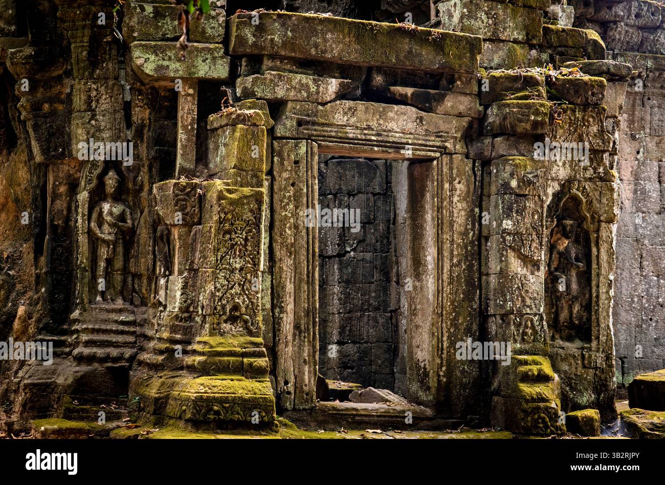 Antiche rovine di templi in pietra con intricate incisioni e superfici coperte di muschio, che mostrano l'architettura storica e la bonifica della natura. Foto Stock