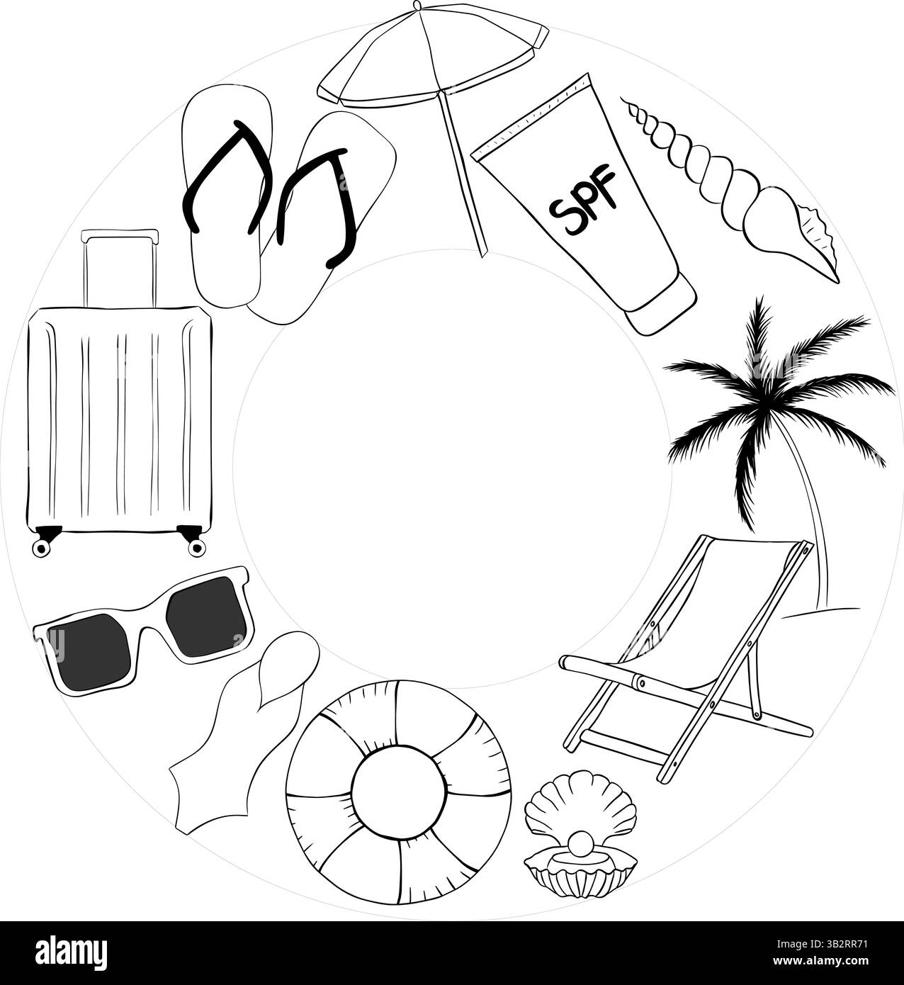 Modello di cornice circolare per le vacanze in spiaggia per il testo. Illustrazione dell'inchiostro con linee grafiche vettoriali. Silhouette nera con spazio per il testo su sfondo bianco Illustrazione Vettoriale