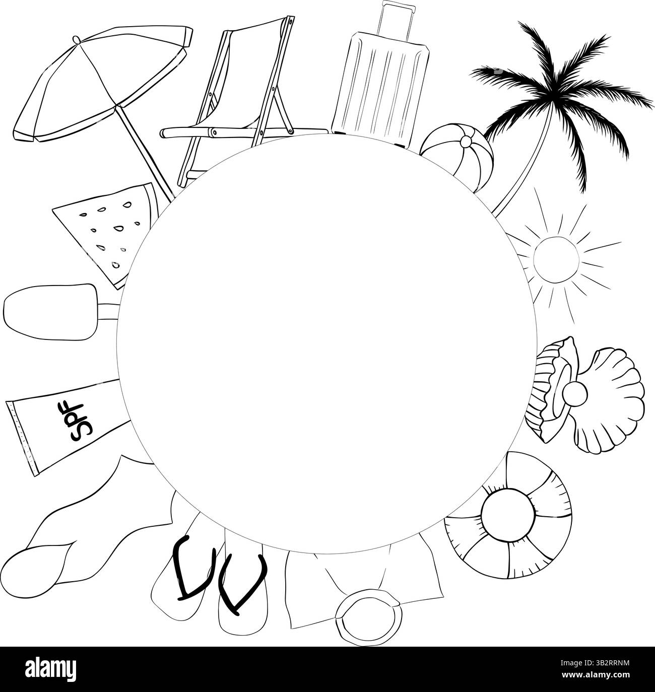 Modello di cornice circolare per le vacanze in spiaggia per il testo. Illustrazione dell'inchiostro con linee grafiche vettoriali. Una posizione per il testo al centro. Modello banner per greetin Illustrazione Vettoriale