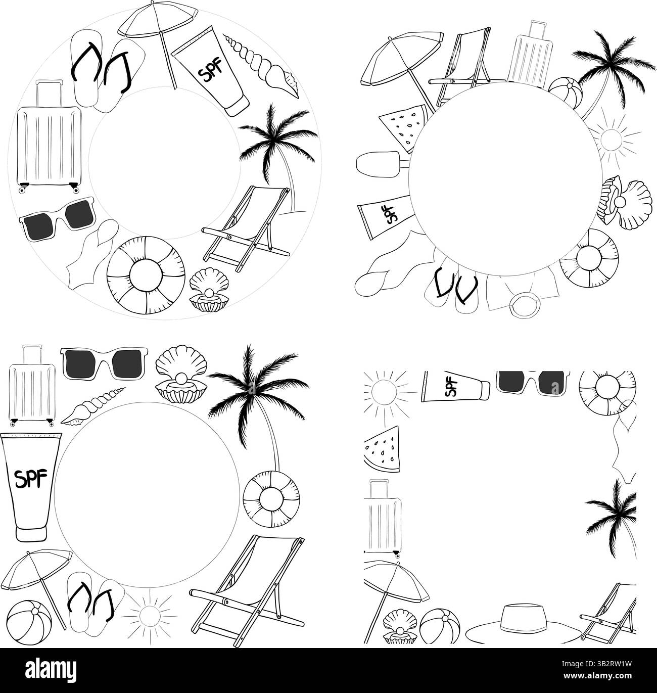 Vacanze al mare impostare il modello di cornice per il testo. Illustrazione dell'inchiostro con linee grafiche vettoriali. Una posizione per il testo al centro. Modello banner per biglietti d'auguri, Illustrazione Vettoriale