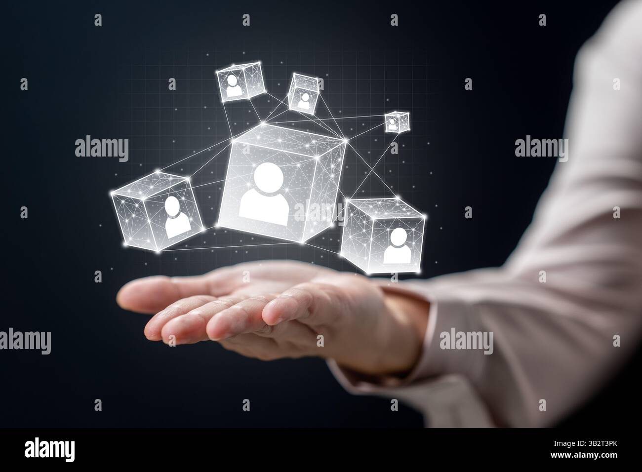 Donna d'affari che mostra l'icona di un essere umano che rappresenta potenziali candidati sui cubi a reticolo. Innovazione tecnologica su uno schermo virtuale. Concetto di hu Foto Stock