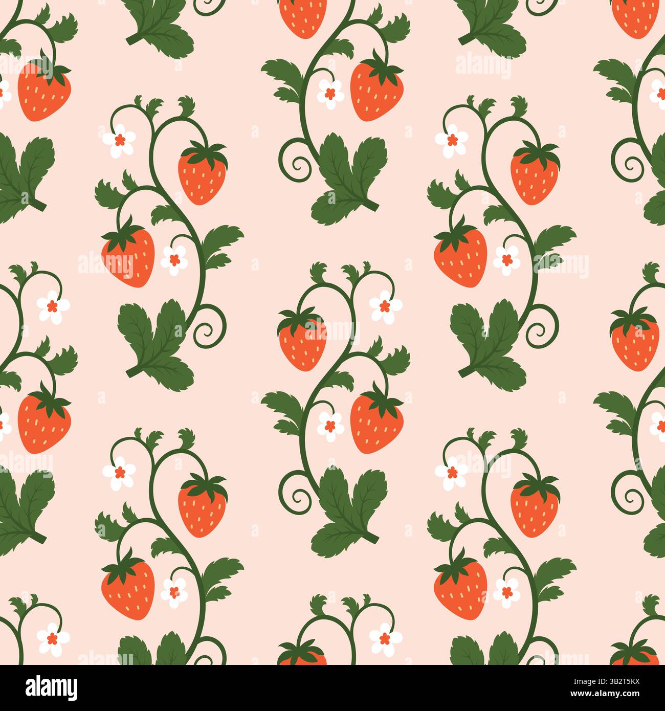 Motivo di fragola matura senza cuciture con ramificazione, bacche, fiori e foglie su sfondo rosa chiaro. Simpatico Summer Fruit Design per tessuti Illustrazione Vettoriale