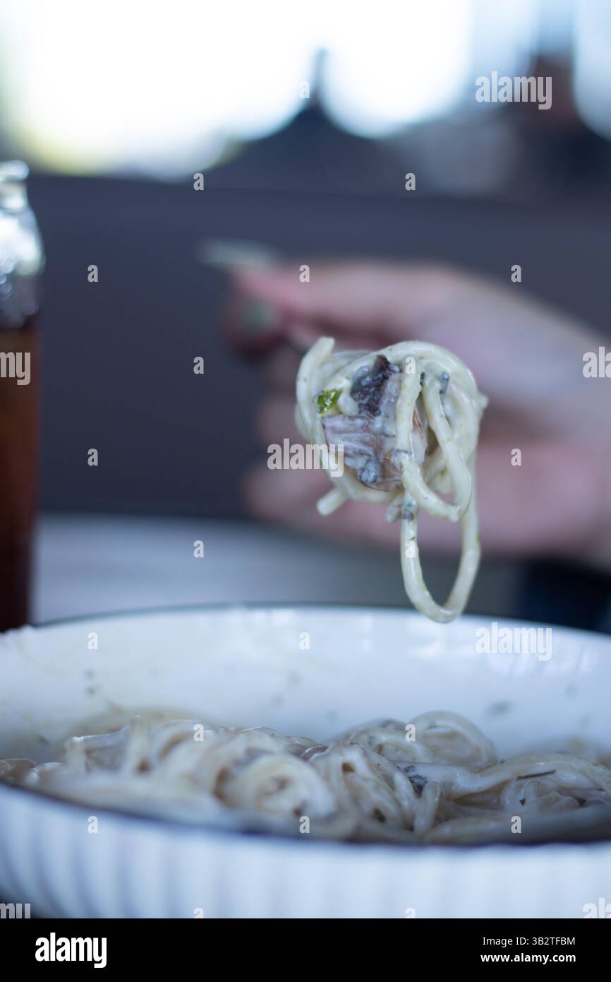 Primo piano di spaghetti attorcigliati su una forchetta, rialzati sopra una ciotola, per creare una festa visiva di pasta perfetta e finezza culinaria in morbido e naturale Foto Stock
