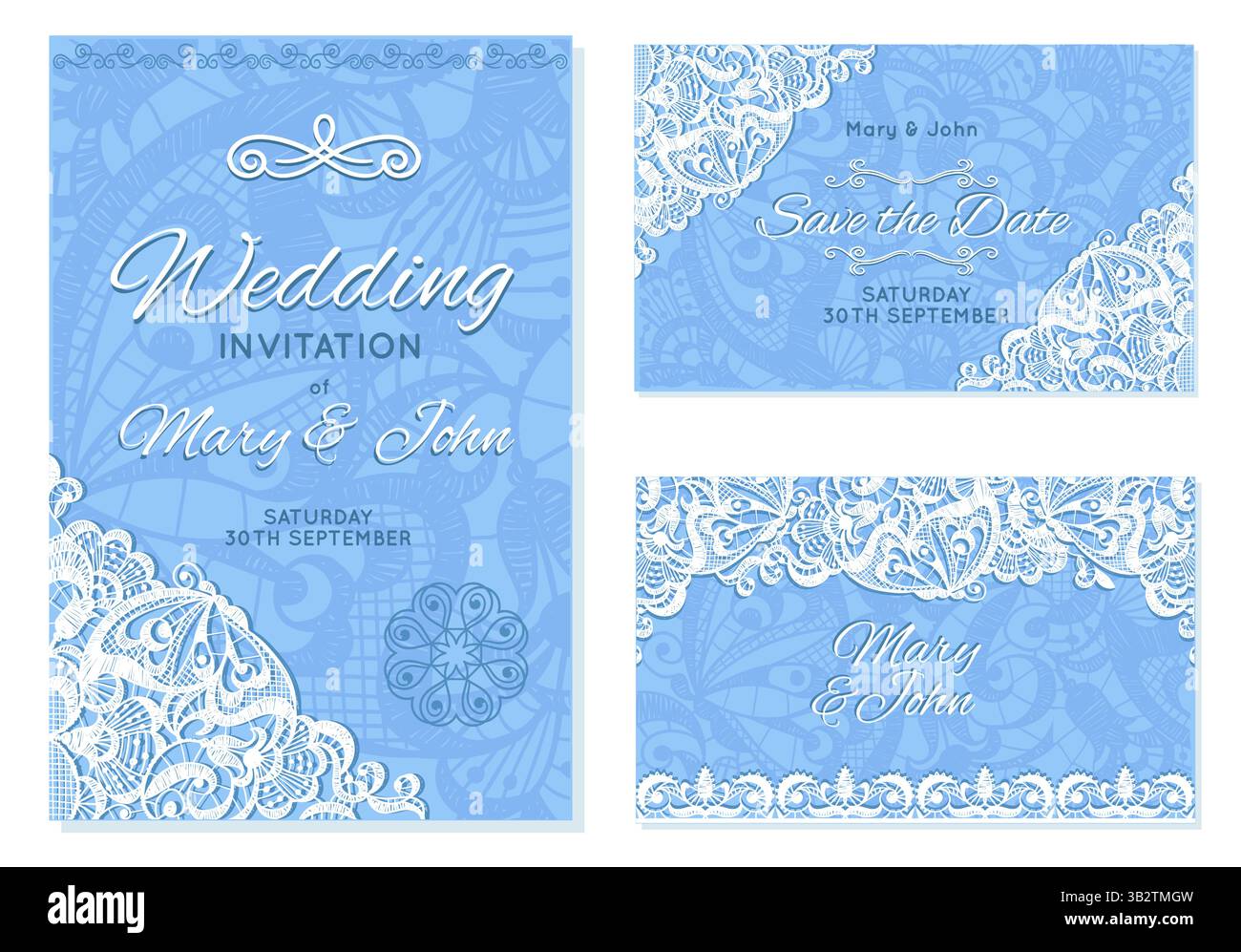Carte nozze in pizzo. Inviti decorativi, design elegante, cornici ornamentali per eventi modello volantini, bordi bianchi intagliati, nastro in cotone textil Illustrazione Vettoriale