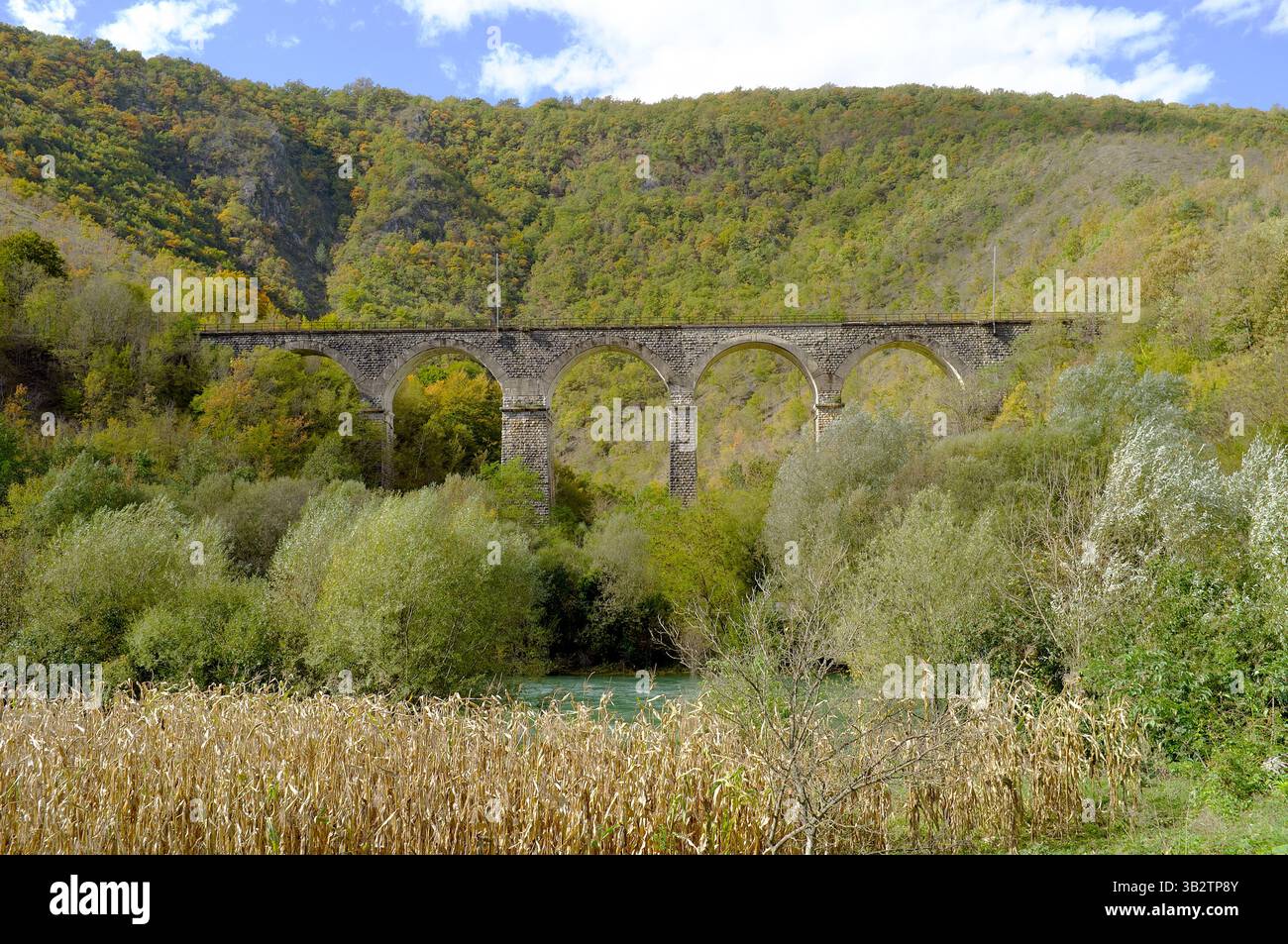 Viadotto Jarapaga ponte ferroviario in pietra lungo il fiume una in autunno, Parco Nazionale una - Martin Brod - Kulen Vakuf, Bosnia ed Erzegovina (2) Foto Stock