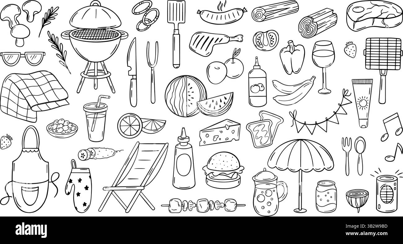 Barbecue party doodle. Elementi per barbecue, bistecche di carne, grigliate, plaid, hamburger, sedia da giardino. Elementi da picnic all'aperto nel parco, cibo e bevande isolati, neoteri Illustrazione Vettoriale