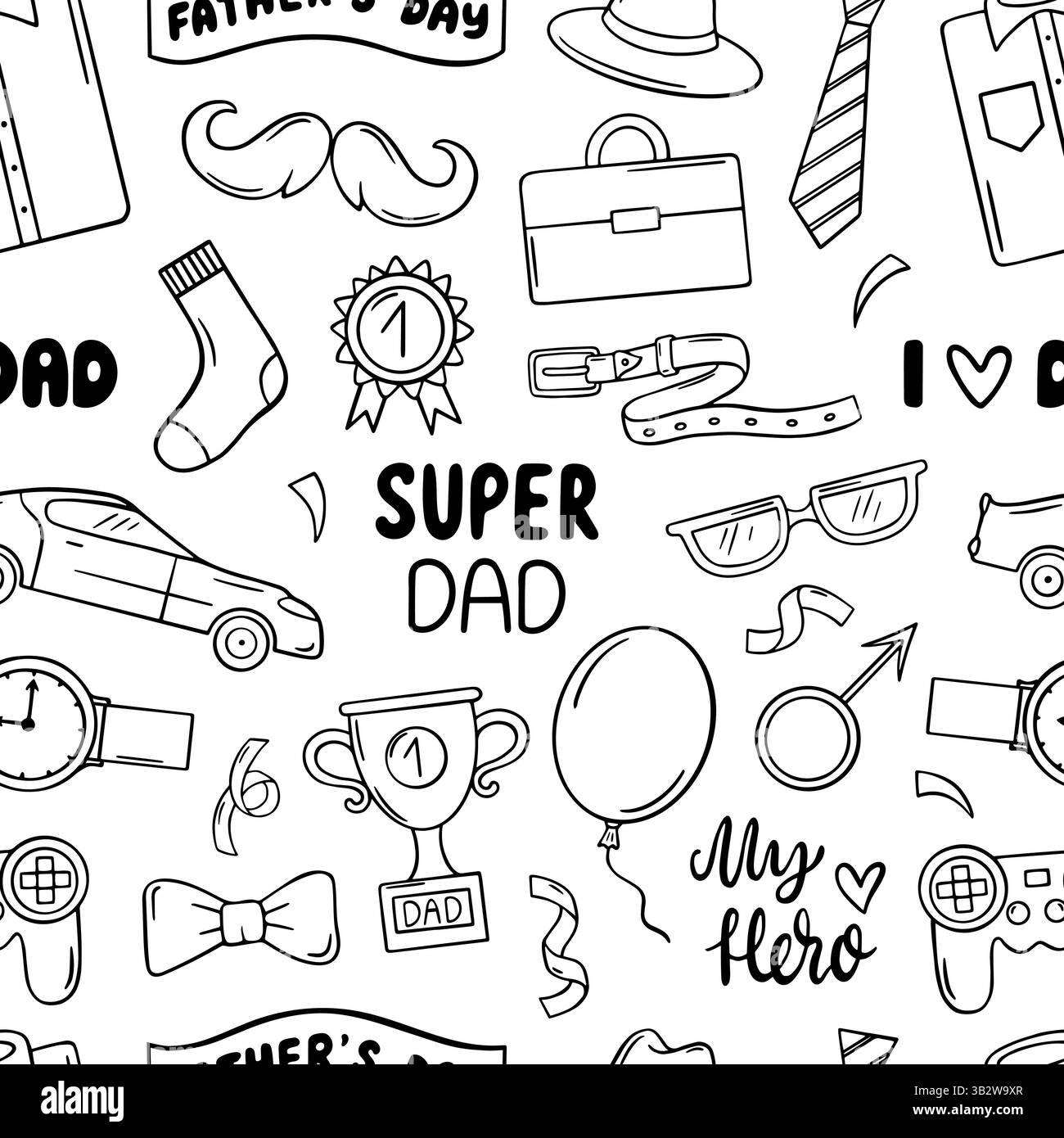 Doodle fa da padrone. Accessori e articoli maschili, nastri per trofei e cravatta. Stampa monocromatica, sfondo vettoriale neoterico Illustrazione Vettoriale