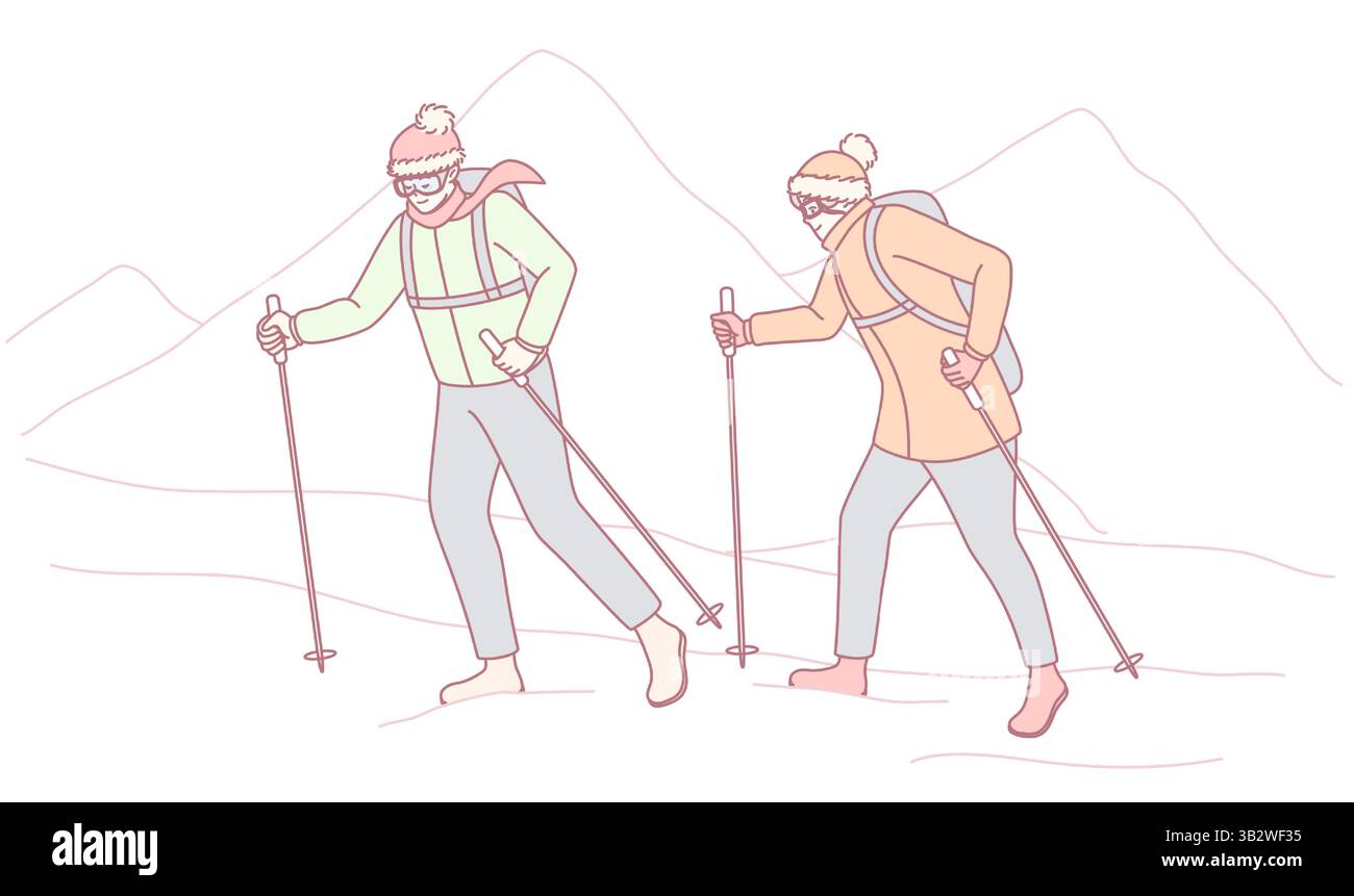 Due avventurosi escursionisti camminano attraverso montagne innevate mozzafiato, dotate di pali e attrezzatura invernale per il freddo Illustrazione Vettoriale