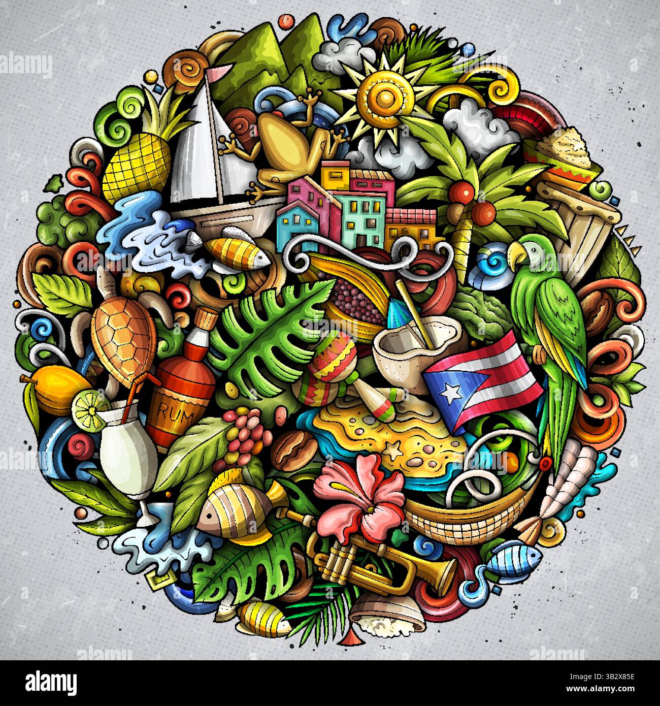Illustrazione vettoriale tondo dei cartoni animati di Porto Rico. Divertente design portoricano stravagante. Elementi tropicali caraibici in uno stile vivace e giocoso Illustrazione Vettoriale