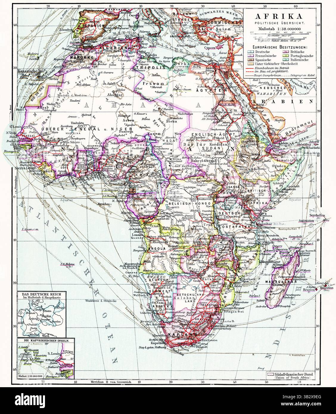Mappa del continente africano con possedimenti coloniali, confini e rotte marittime, panoramica politica. Foto Stock