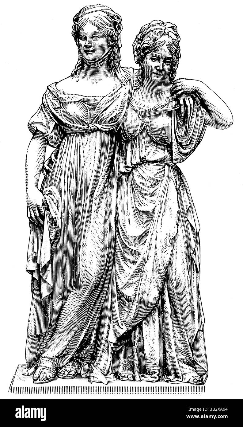 Principesse Luisa e Friederike di Meclemburgo-Strelitz, di J.G. Schadow. Pubblicazione della "Meyers encyclopedia", Vol. 7, Lipsia, Germania, 1910. Foto Stock