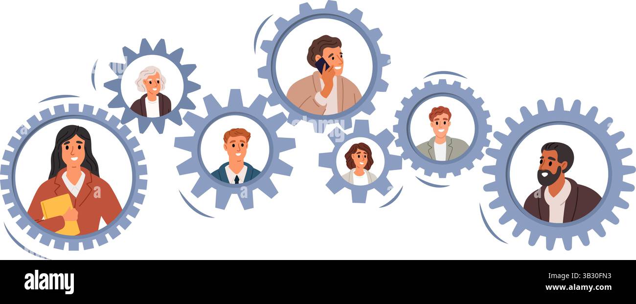 Ingranaggi con le icone delle persone. Uomini e donne che comunicano. Collegamento ruote dentate. Partnership o cooperazione commerciale. Collaborazione di squadra per uomini d'affari. Illustrazione Vettoriale