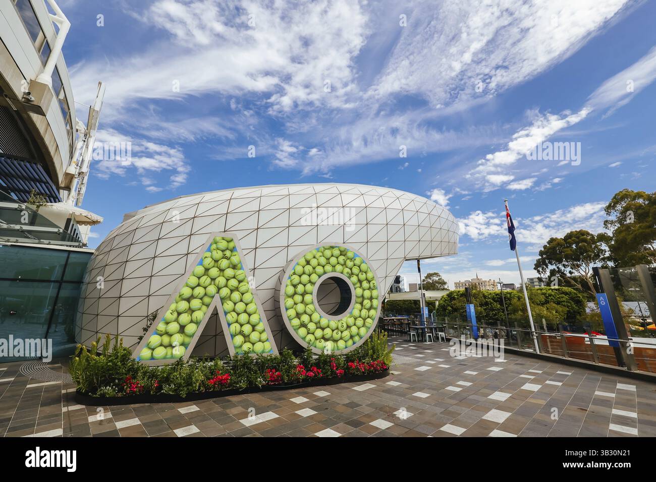 MELBOURNE, AUSTRALIA - 10 GENNAIO: Cartellonistica dell'Australian Open in vista dell'Australian Open 2025 al Melbourne Park il 10 gennaio 2025 a Melbo Foto Stock