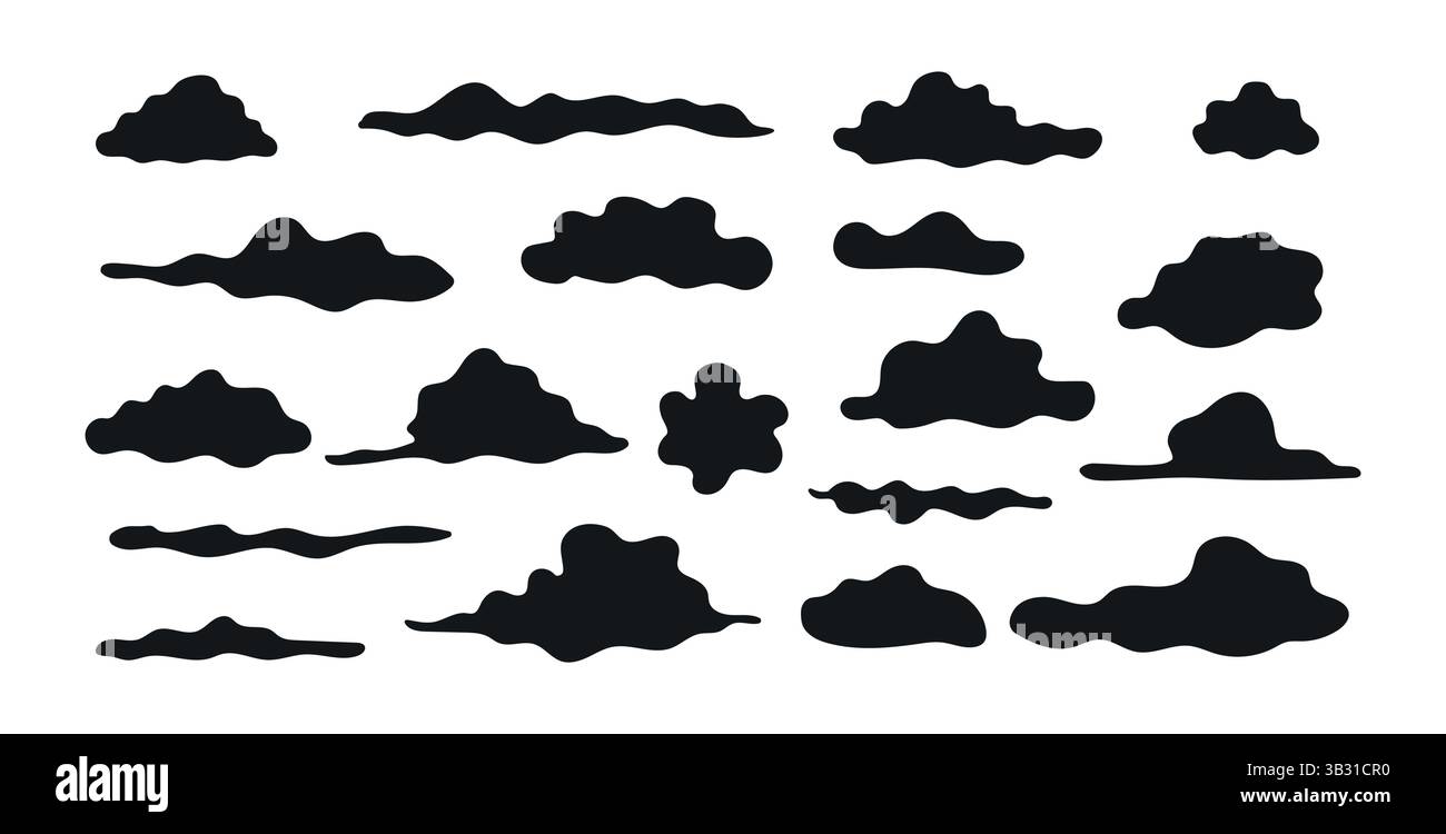 Set di forme nuvola sagomate nere isolate su sfondo bianco. Concetto di icone meteorologiche, elementi Sky astratti, design minimalista, arte atmosferica Illustrazione Vettoriale