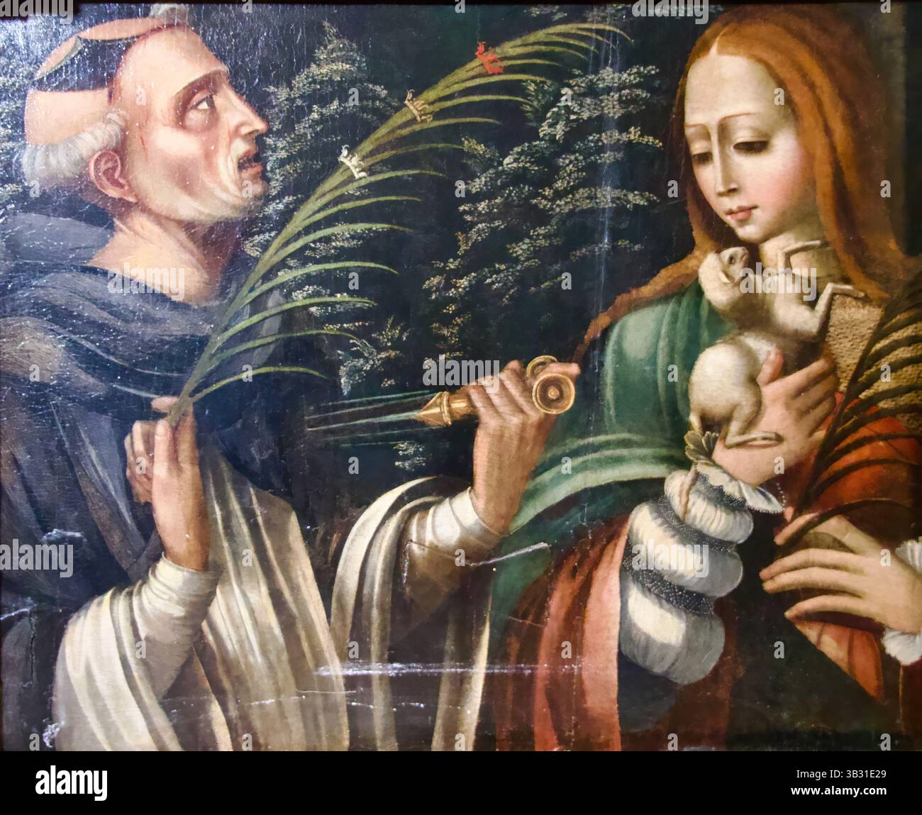 Tavola di pala d'altare con Pietro di Verona assassinato da carino di Balsamo con un'ascia in testa Iglesia de San Nicolas Plasencia Spagna Foto Stock