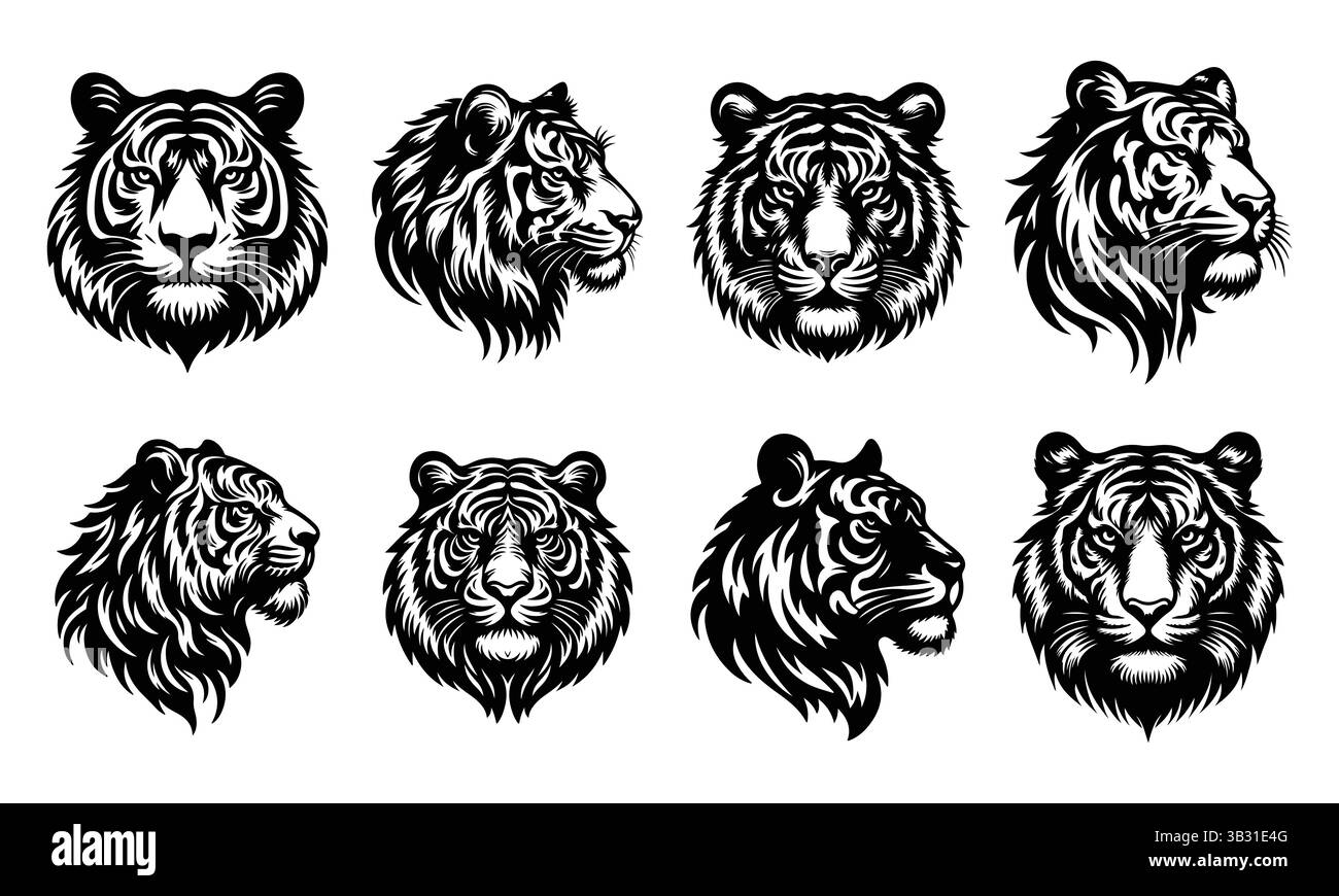 Set di logo Tiger Face | elementi grafici Wild Animal per Merch e Branding Illustrazione Vettoriale