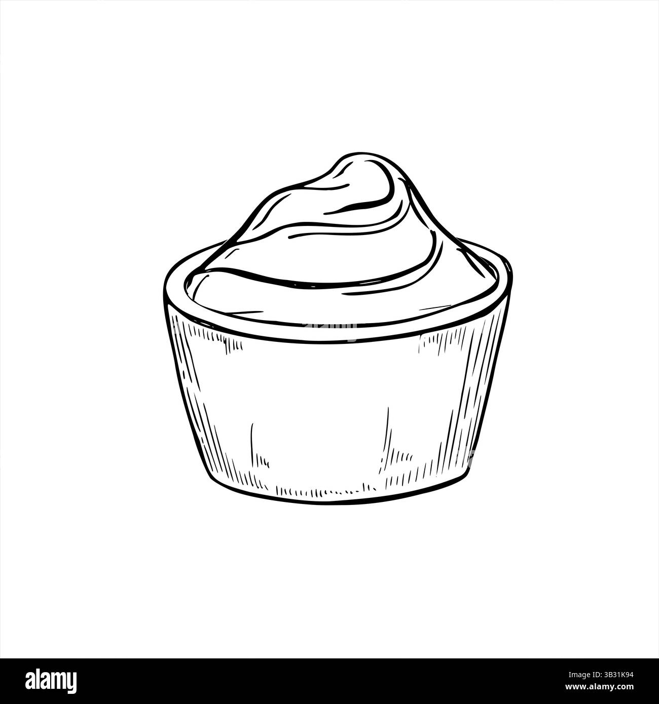 Illustrazione isolata vettoriale con panna acida dipinta con inchiostri neri. Estrazione con incisione di maionese, ketchup, guacamole o yogurt in una tazza di salsa Illustrazione Vettoriale