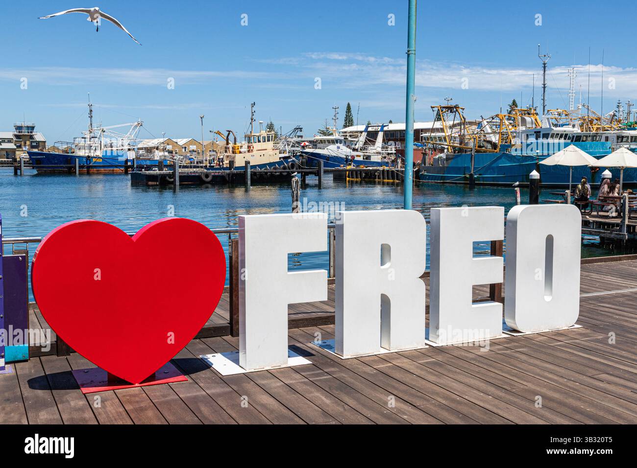 I Love FREO Sign in Fremantle Fishing Boat Harbour in Fremantle 6160 (Walyalup), Australia Occidentale, WA, Australia Foto Stock