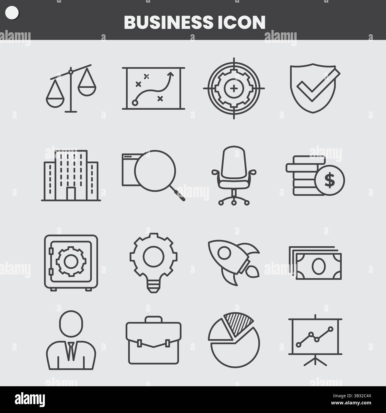 Set di icone minimaliste per le aziende: Scale di giustizia, grafici, obiettivi e simboli aziendali in bianco e nero Illustrazione Vettoriale