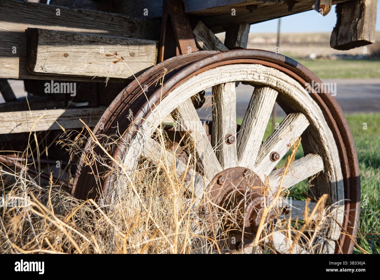 Una rustica ruota in legno del carro è parzialmente oscurata dall'erba secca in una tranquilla area rurale nel Wyoming occidentale. La luce del sole proietta un caldo bagliore. Foto Stock
