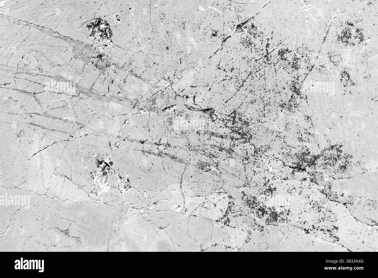 Un'immagine monocromatica dettagliata di crepe su una superficie in cemento, che mostra texture intricate e forme astratte. Questa composizione artistica emp Foto Stock
