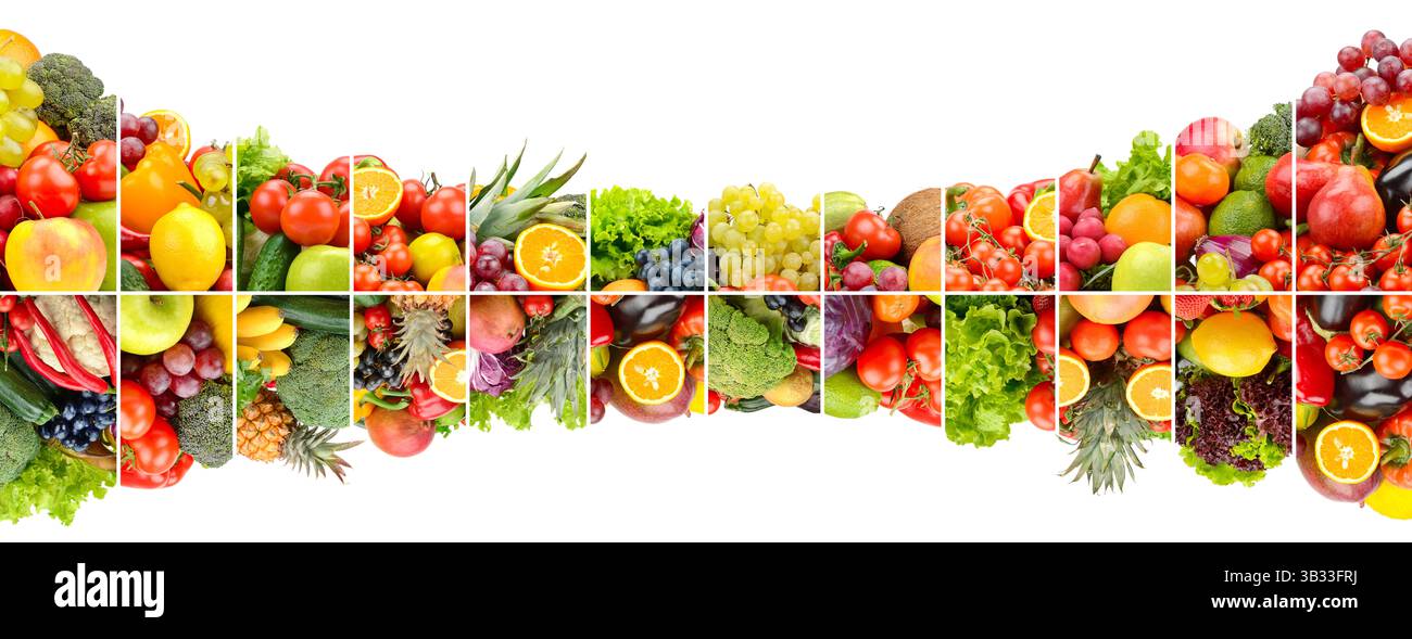 Ampia composizione di frutta, verdura e bacche divisa da linee verticali isolate su sfondo bianco. Foto Stock