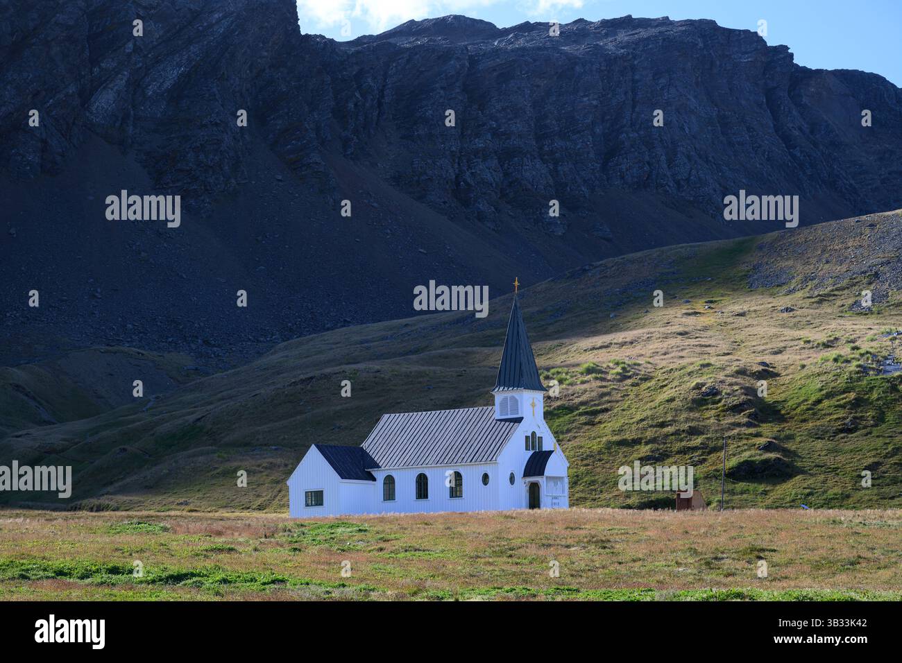 La Grytviken Church (anche nota come Norwegian Anglican Church, Norwegian Lutheran Church, o Whalers Church) a Grytviken, nell'Isola della Georgia del Sud. Foto Stock