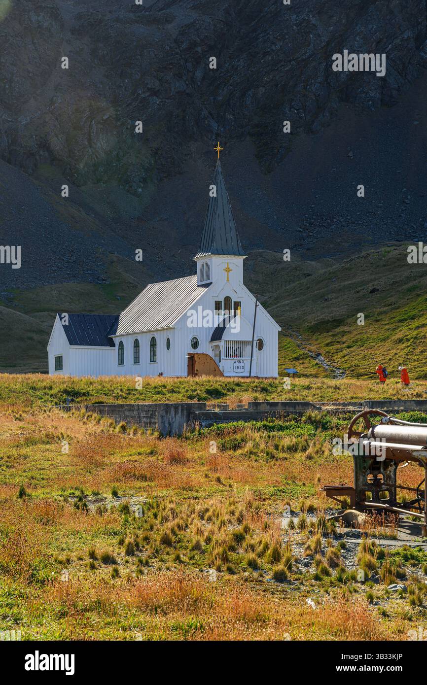 La Grytviken Church (anche nota come Norwegian Anglican Church, Norwegian Lutheran Church, o Whalers Church) a Grytviken, nell'Isola della Georgia del Sud. Foto Stock
