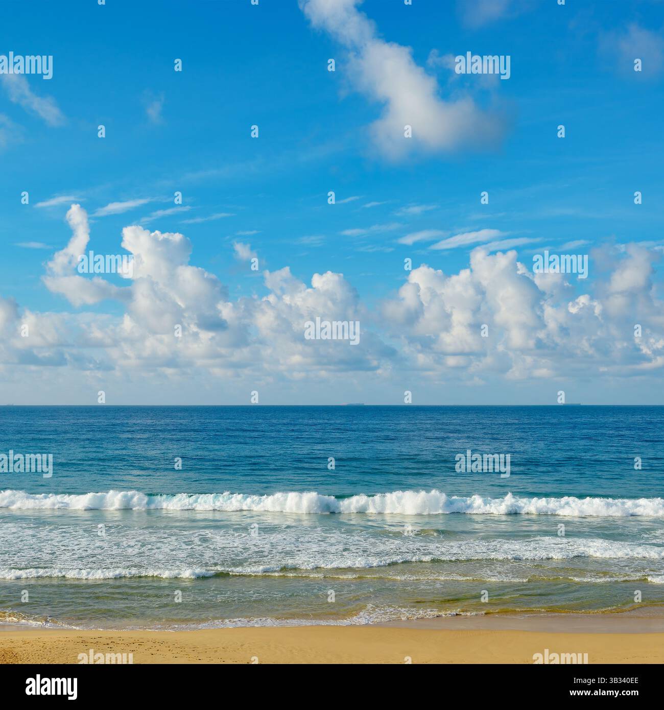 Luminoso paesaggio dell'oceano. Onde di mare e bel cielo con nuvole bianche. Foto Stock