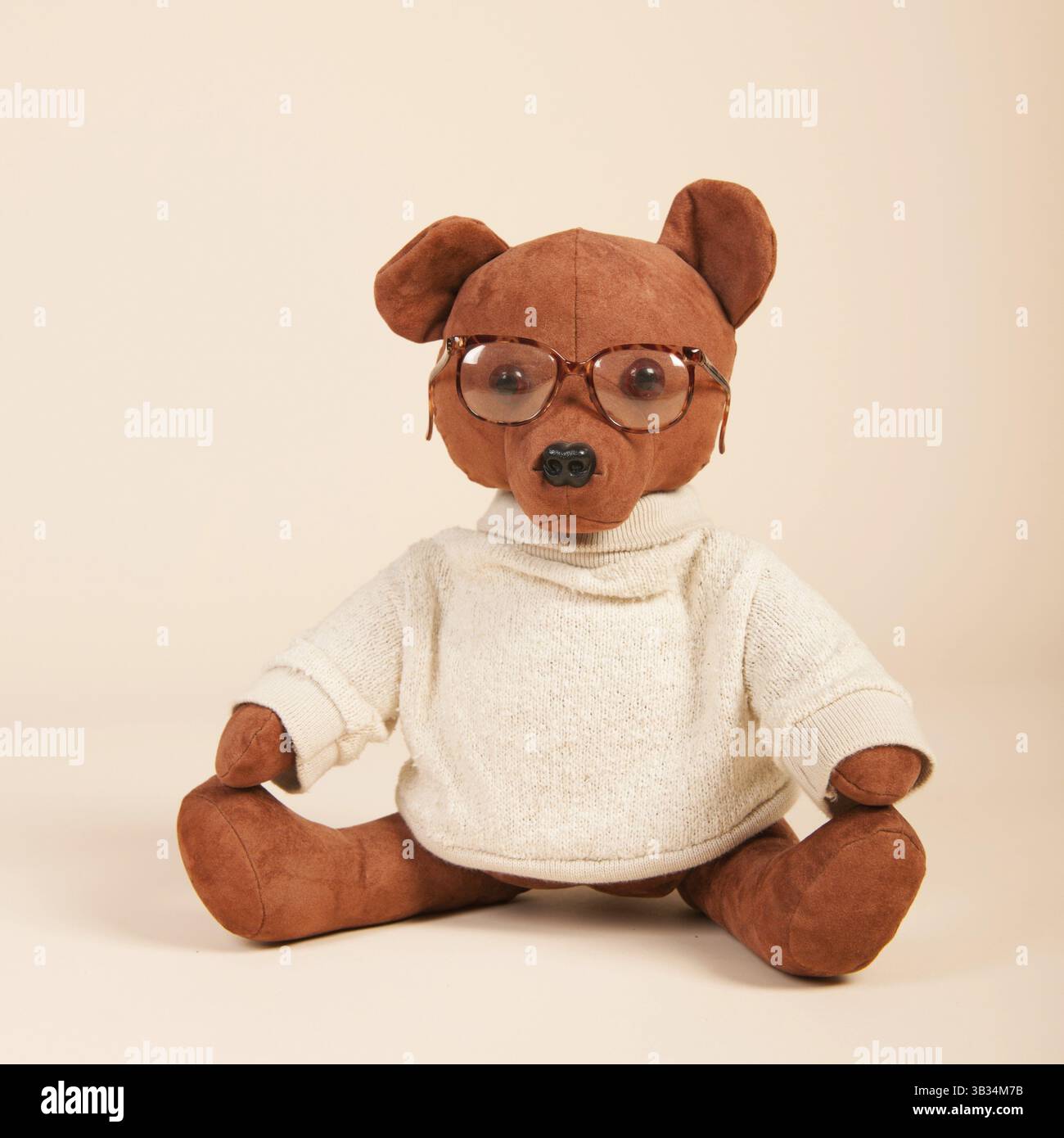 Orso farcito con gli occhiali e un maglione Foto Stock