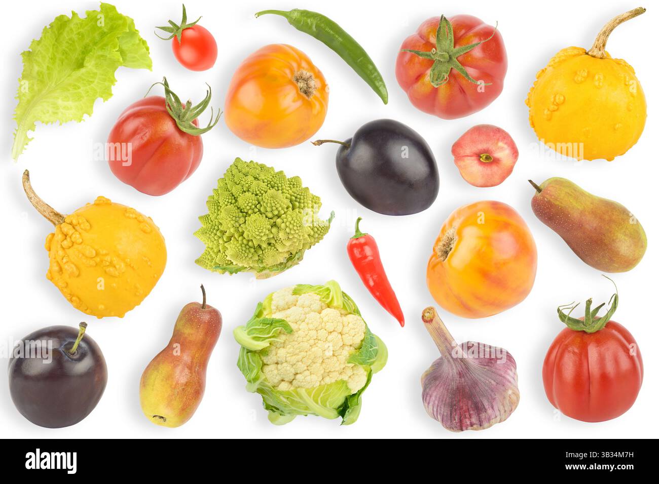 Imposta frutta e verdura appetitose con un'ombra luminosa su sfondo bianco. Foto Stock