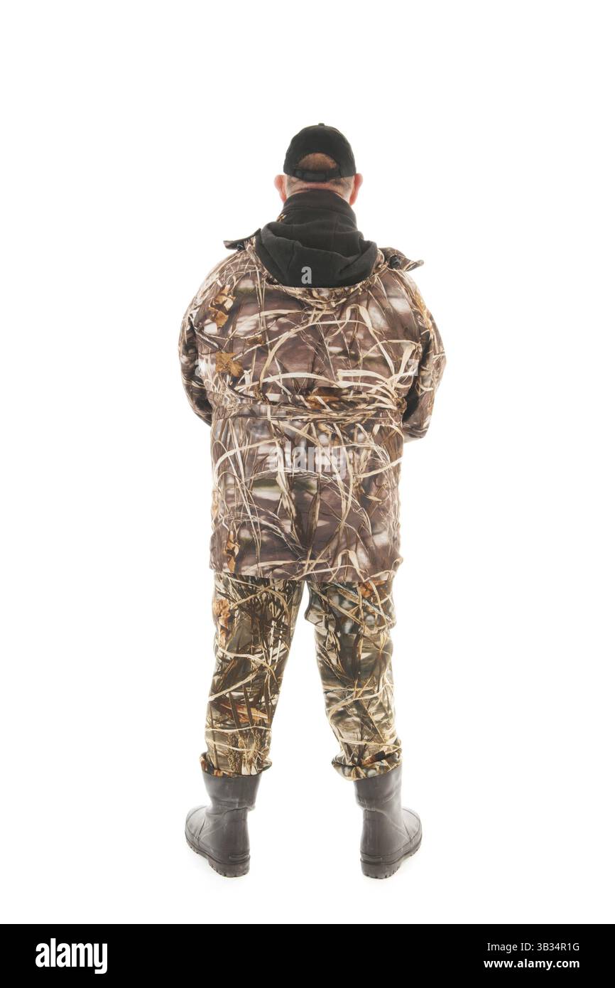 Fisherman standing isolate su sfondo bianco Foto Stock