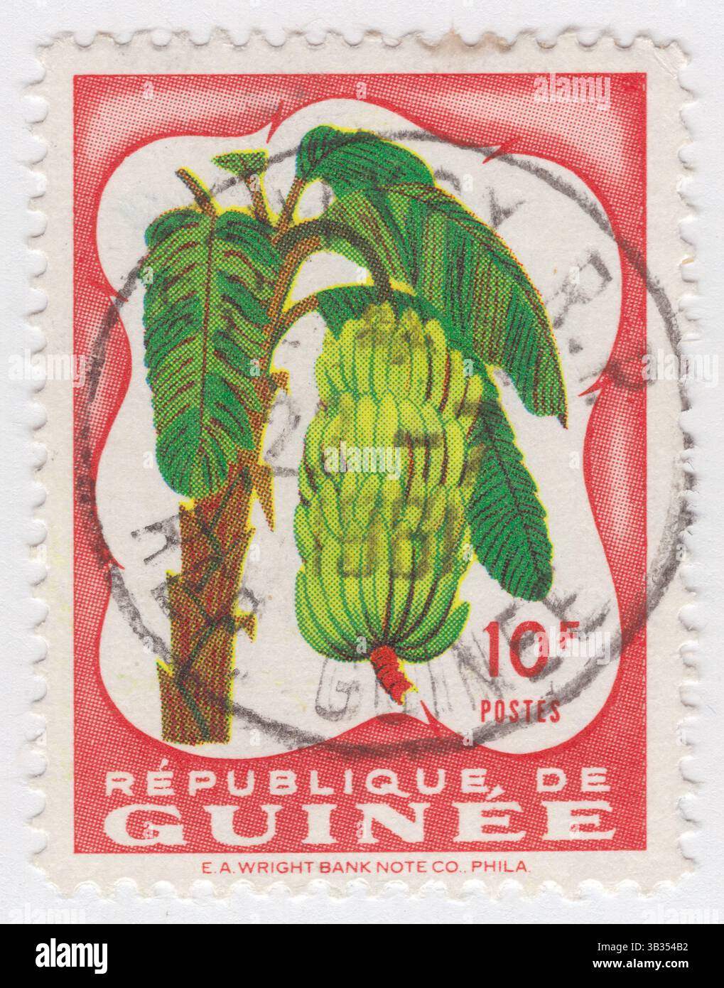 GUINEA - 1959 luglio 13: Francobollo multicolore da 10 franchi raffiguranti banane - frutto allungato, commestibile, - botanicamente una bacca - prodotte da diversi tipi di grandi piante erbacee in fiore del genere Musa. Il frutto è di dimensioni, colore e consistenza variabili, ma di solito è allungato e curvo, con polpa morbida ricca di amido ricoperta da una crosta, che può essere verde, giallo, rosso, viola o marrone quando maturo. I frutti crescono verso l'alto in gruppi vicino alla parte superiore della pianta. Le banane mature da dessert sono morbide, insipide e facilmente digeribili, il che le rende ideali per coloro che soffrono di disturbi gastrointestinali Foto Stock
