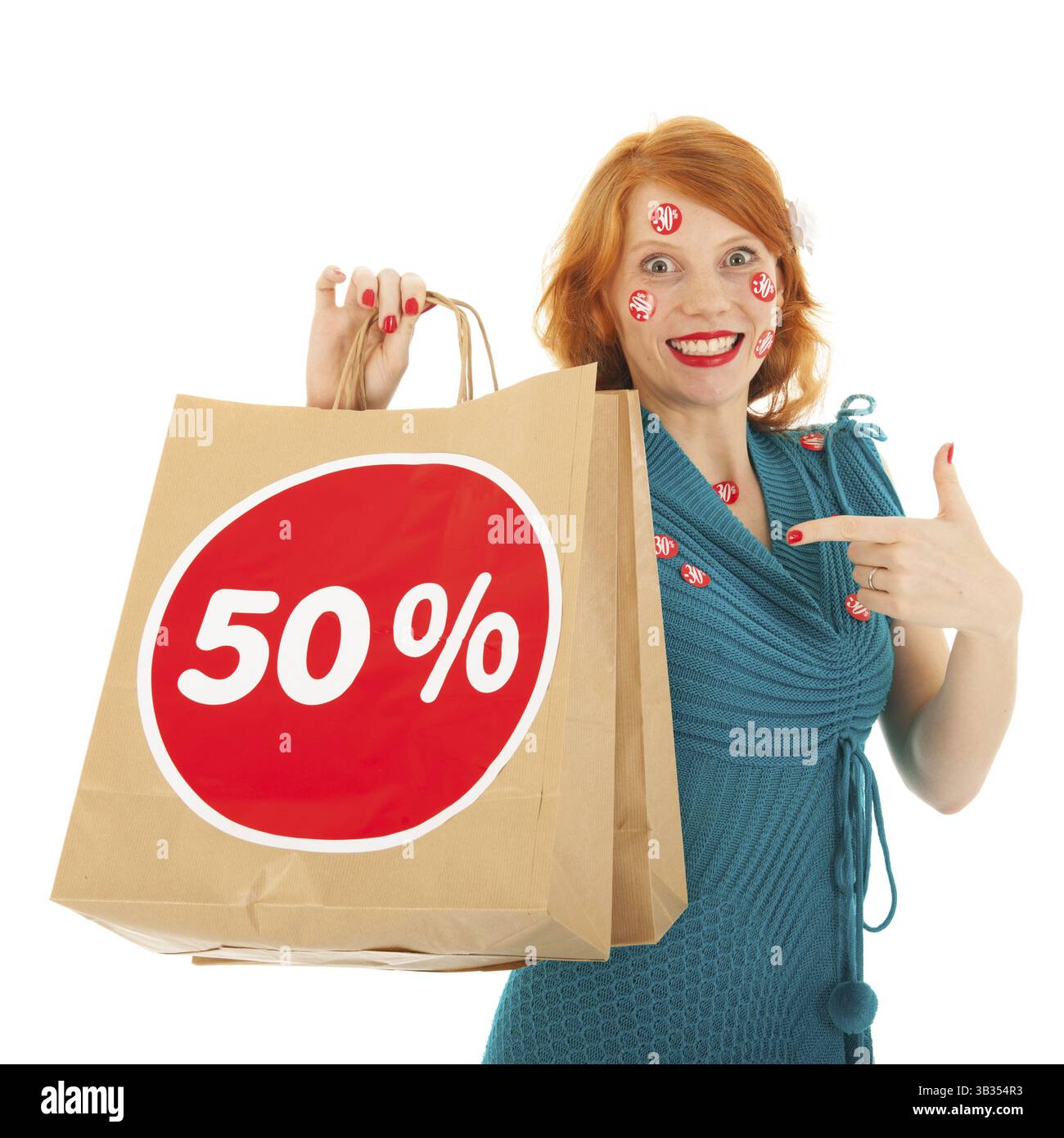 Donna con shopping bag e riduzione Foto Stock