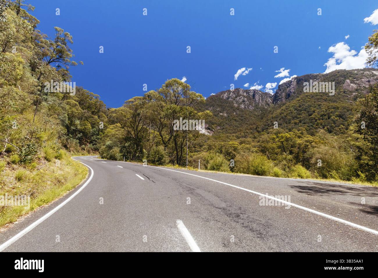 La strada per il monte Buffalo in un pomeriggio estivo nelle Alpi vittoriane, Australia, Oceania Foto Stock