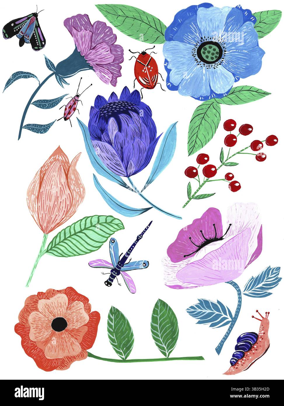 Fiori dipinti a mano farfalle e insetti con gouache isolato su sfondo bianco Foto Stock