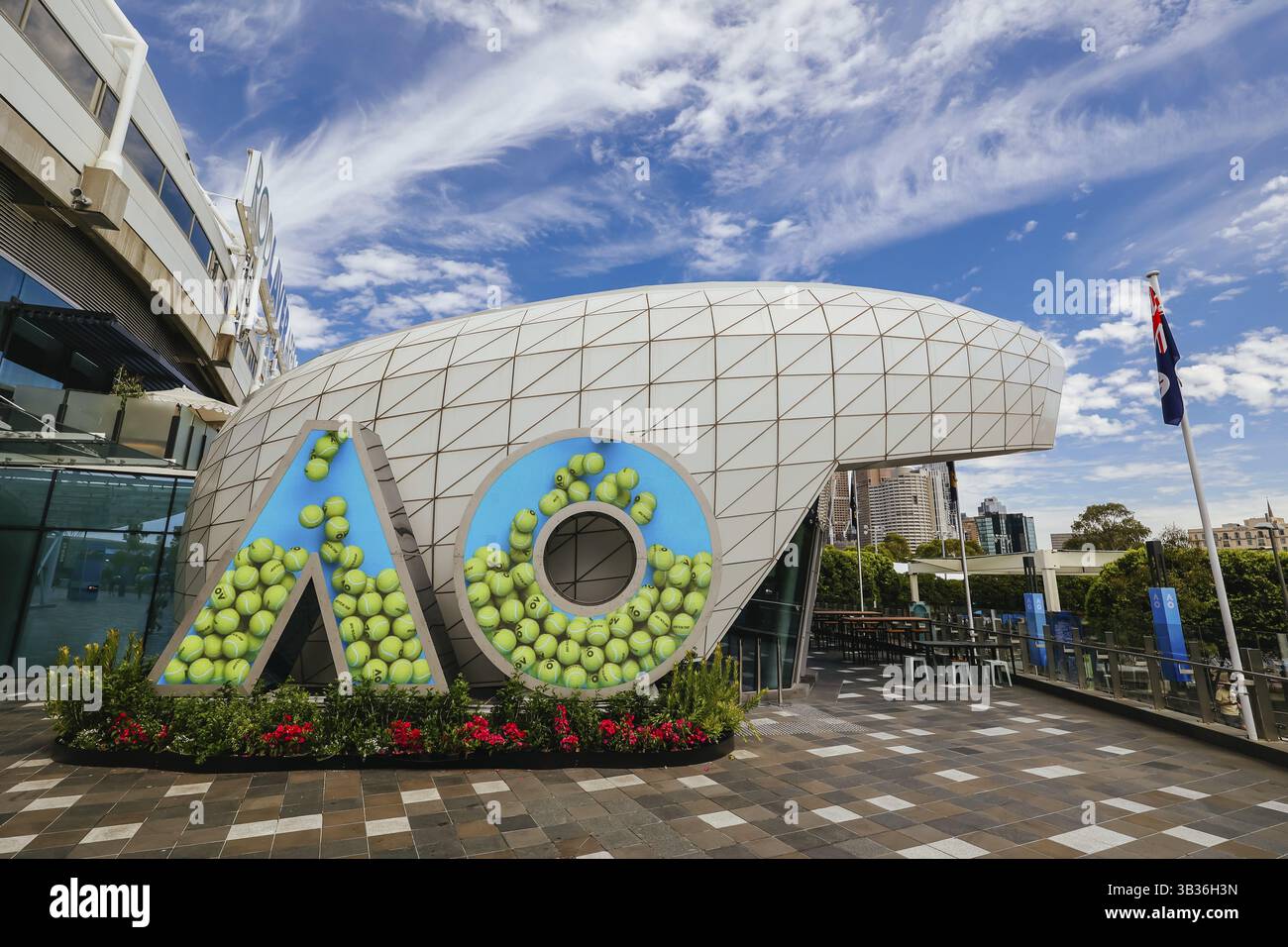 MELBOURNE, AUSTRALIA - 10 GENNAIO: Cartellonistica dell'Australian Open in vista dell'Australian Open 2025 al Melbourne Park il 10 gennaio 2025 a Melbo Foto Stock