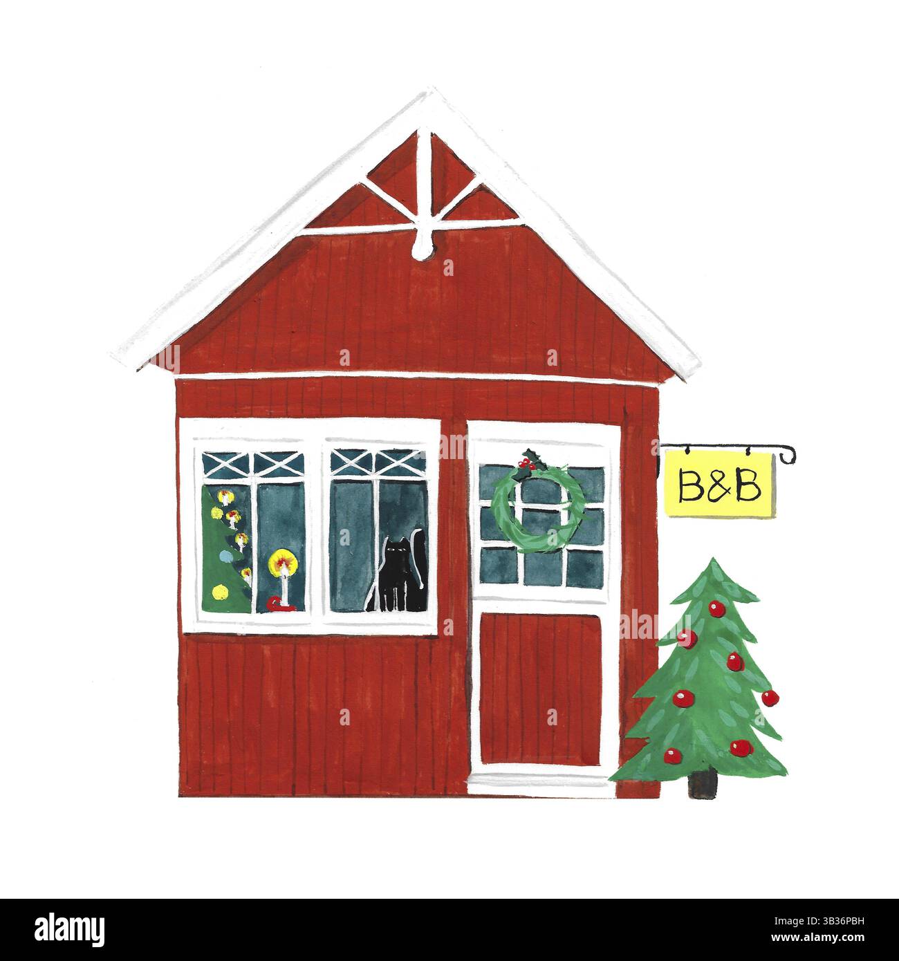 Piccola casa dipinta a mano durante il natale isolato su sfondo bianco Foto Stock