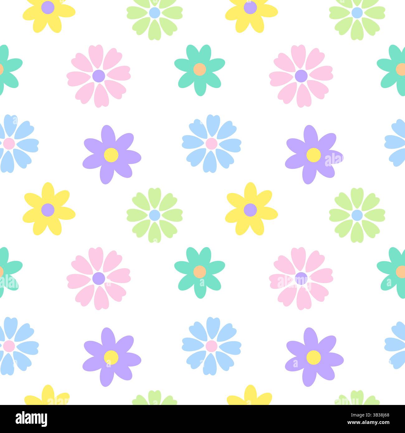 Motivo floreale senza cuciture di fiori di mais e margherite multicolori pastello in stile piatto su sfondo bianco. Perfetto per i fiori primaverili o estivi Illustrazione Vettoriale