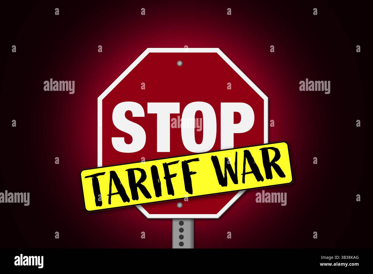 Ferma la guerra tariffaria in un'illustrazione di un segnale di stop con sfondo rosso e nero Foto Stock