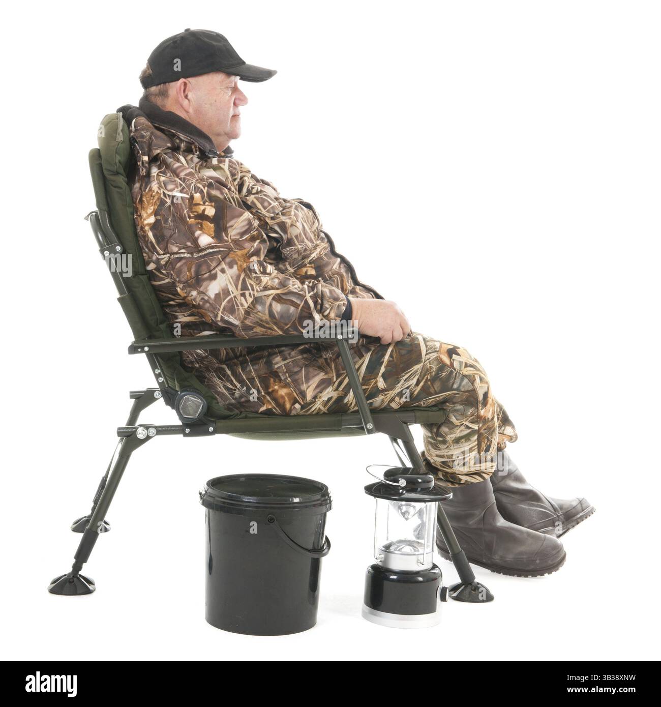 Fisherman standing corpo pieno isolate su sfondo bianco Foto Stock