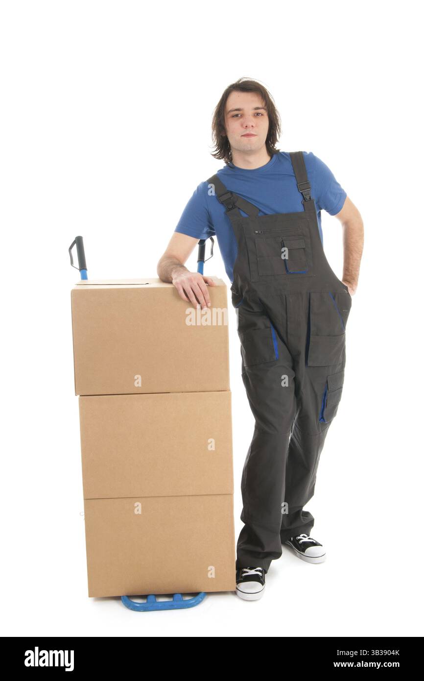 Lavoratore con mano Vuota carrello isolate su sfondo bianco Foto Stock