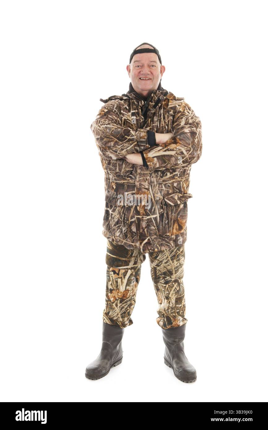 Fisherman standing corpo pieno isolate su sfondo bianco Foto Stock