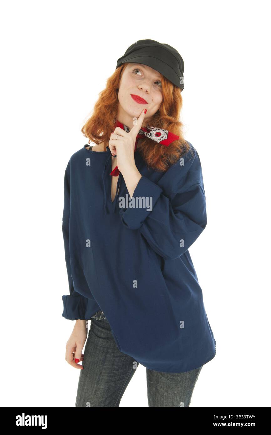 Ritratto divertente contadino femminile da Olanda isolato su sfondo bianco Foto Stock