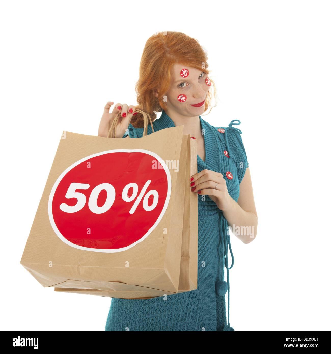 Donna con shopping bag e riduzione Foto Stock