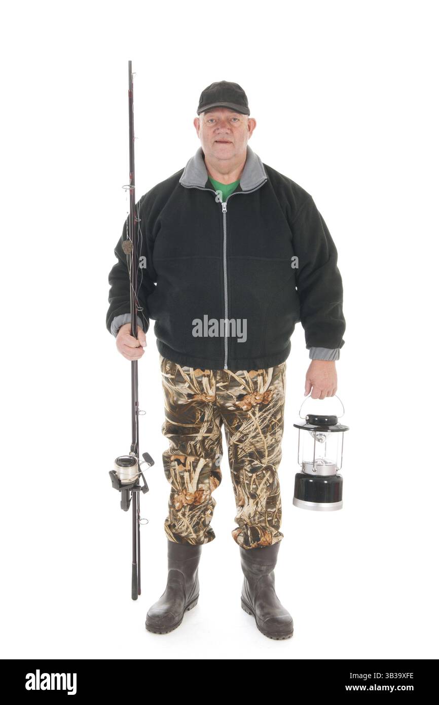 Fisherman standing corpo pieno isolate su sfondo bianco Foto Stock
