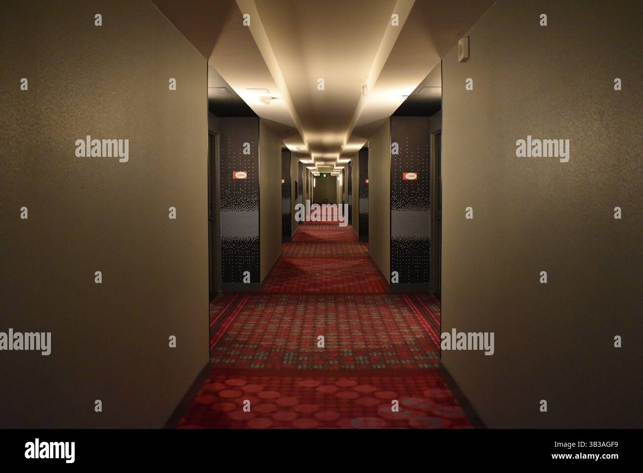 Corridoio di un hotel d'epoca con illuminazione soffusa e arredamento retrò, evocando fascino senza tempo e atmosfera nostalgica. Foto Stock