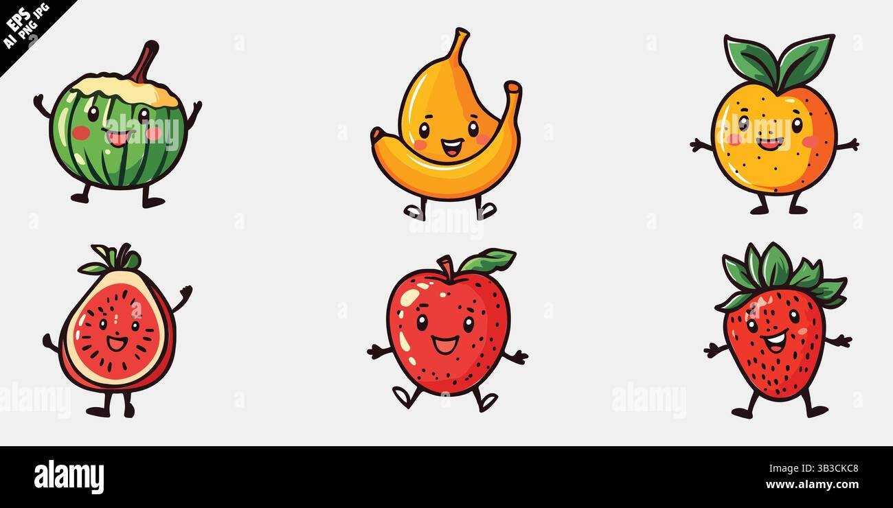 graziosa collezione di personaggi di frutta a cartoni animati con volti sorridenti e disegni vettoriali a colori piatti Illustrazione Vettoriale